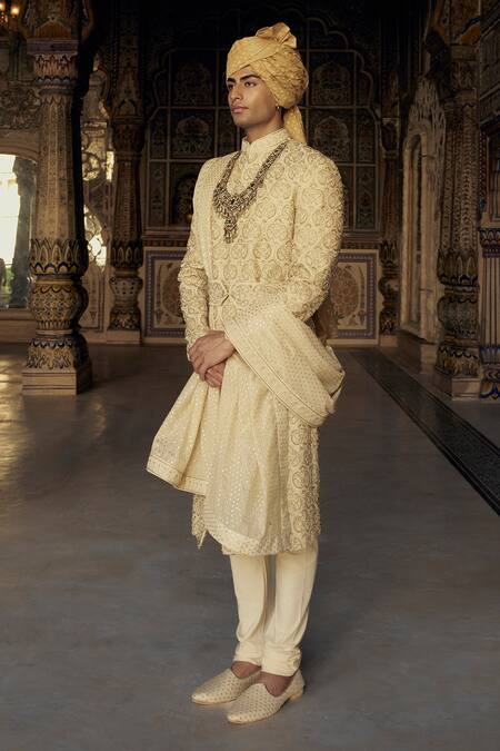 Nitika Gujral Gold Silk Embroidery, Beads, Diamonds Sherwani Set With Belt at Aza Fashions Nitika Gujral_Gold Silk Embroidery, Beads, Diamonds Sherwani Set With Belt_at_Aza_Fashions