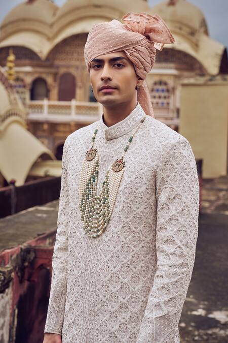 Nitika Gujral White Silk Crystals, Beads, Zari Gold Embroidered Sherwani Set Online at Aza Fashions Nitika Gujral_White Silk Crystals, Beads, Zari Gold Embroidered Sherwani Set _Online_at_Aza_Fashions