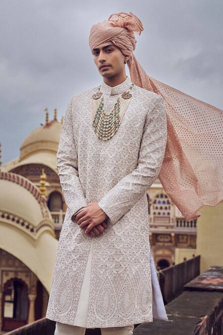 Buy Nitika Gujral White Silk Crystals, Beads, Zari Gold Embroidered Sherwani Set Online at Aza Fashions Buy_Nitika Gujral_White Silk Crystals, Beads, Zari Gold Embroidered Sherwani Set _Online_at_Aza_Fashions