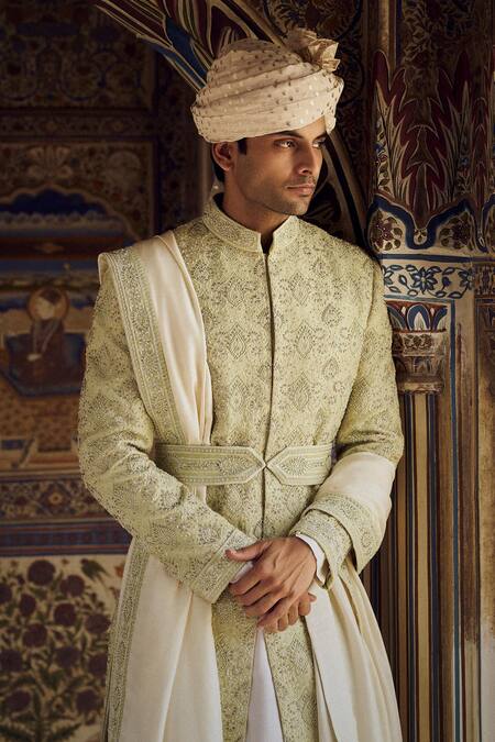 Nitika Gujral_Green Silk Beads, Crystals, Zari, Embroidery Resham Sherwani Set_Online_at_Aza_Fashions