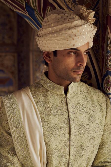 Buy_Nitika Gujral_Green Silk Beads, Crystals, Zari, Embroidery Resham Sherwani Set_Online_at_Aza_Fashions