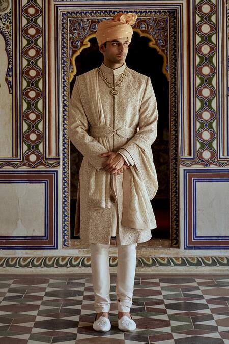 Nitika Gujral Beige Silk Cut Work, Embroidery, Crystals Resham Dabka Sherwani Set Online at Aza Fashions Nitika Gujral_Beige Silk Cut Work, Embroidery, Crystals Resham Dabka Sherwani Set_Online_at_Aza_Fashions