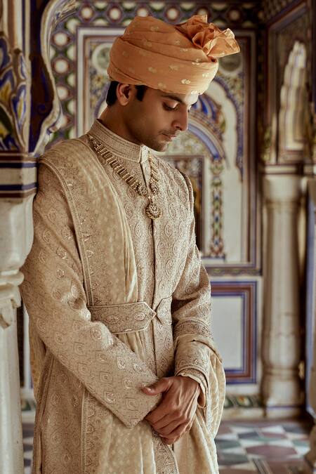 Buy Nitika Gujral Beige Silk Cut Work, Embroidery, Crystals Resham Dabka Sherwani Set Online at Aza Fashions Buy_Nitika Gujral_Beige Silk Cut Work, Embroidery, Crystals Resham Dabka Sherwani Set_Online_at_Aza_Fashions