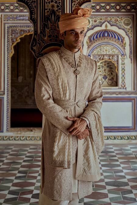 Shop Nitika Gujral Beige Silk Cut Work, Embroidery Resham Dabka Sherwani Churidar Set Online at Aza Fashions Shop_Nitika Gujral_Beige Silk Cut Work, Embroidery Resham Dabka Sherwani Churidar Set _Online_at_Aza_Fashions
