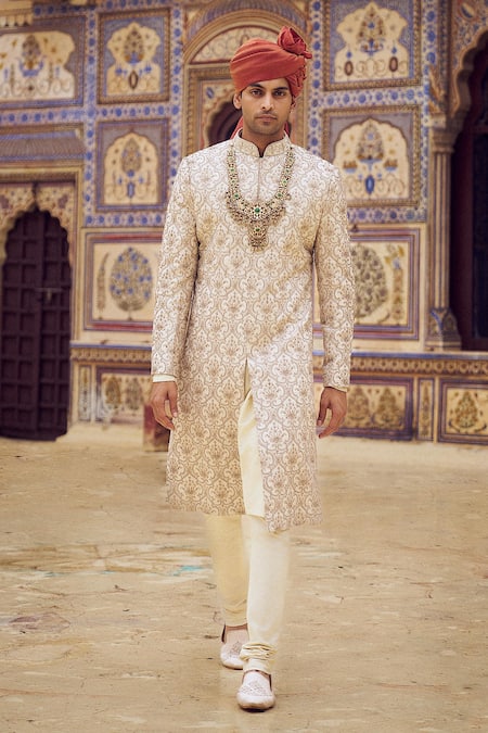 Nitika Gujral Beige Raw Silk Embroidered Kasab Sherwani Set 