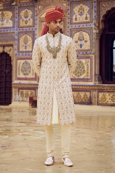 Nitika Gujral Beige Silk Beads, Crystals, Diamonds Kasab Embroidered Sherwani Set Online at Aza Fashions Nitika Gujral_Beige Silk Beads, Crystals, Diamonds Kasab Embroidered Sherwani Set _Online_at_Aza_Fashions