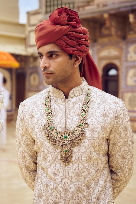 Buy Nitika Gujral Beige Silk Beads, Crystals, Diamonds Kasab Embroidered Sherwani Set Online at Aza Fashions Buy_Nitika Gujral_Beige Silk Beads, Crystals, Diamonds Kasab Embroidered Sherwani Set _Online_at_Aza_Fashions