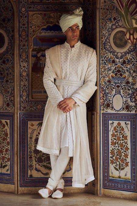 Nitika Gujral Ivory Embroidered Geometric Sherwani Set 