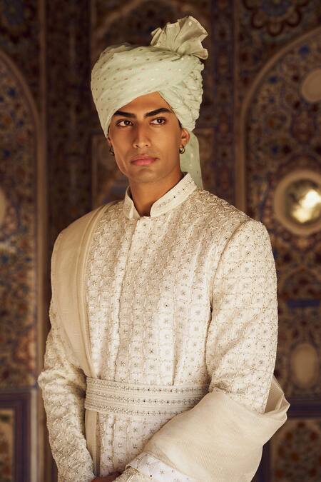 Nitika Gujral Ivory Silk, Cotton Embroidery Geometric Sherwani Set Online at Aza Fashions Nitika Gujral_Ivory Silk, Cotton Embroidery Geometric Sherwani Set _Online_at_Aza_Fashions