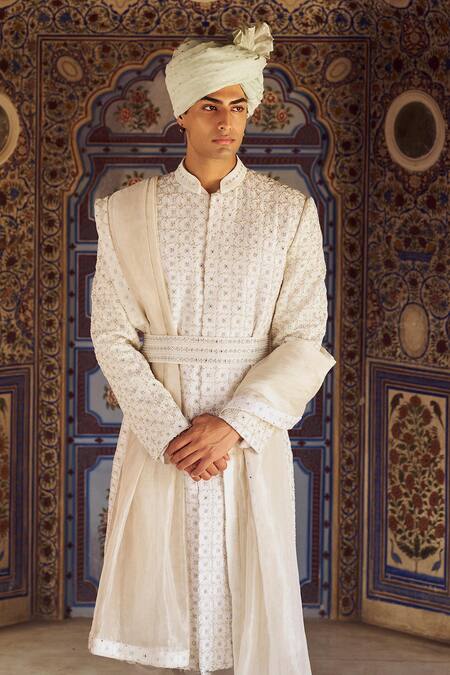 Buy Nitika Gujral Ivory Silk, Cotton Embroidery Geometric Sherwani Set Online at Aza Fashions Buy_Nitika Gujral_Ivory Silk, Cotton Embroidery Geometric Sherwani Set _Online_at_Aza_Fashions