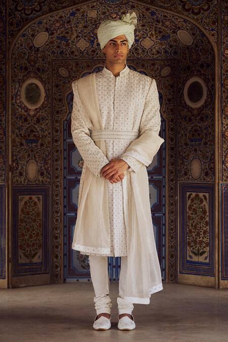 Shop Nitika Gujral Ivory Silk, Cotton Embroidery Geometric Sherwani Set Online at Aza Fashions Shop_Nitika Gujral_Ivory Silk, Cotton Embroidery Geometric Sherwani Set _Online_at_Aza_Fashions