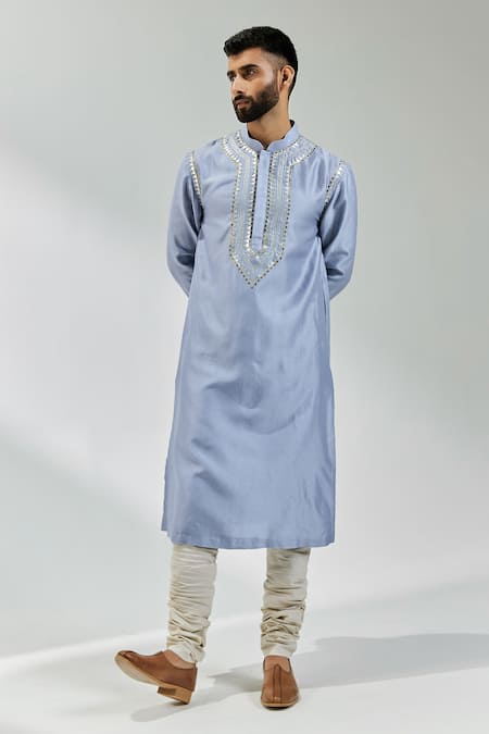 Priyal Prakash Blue Chanderi, Cotton Sequins, Zari Placket Embroidered Kurta Set Online at Aza Fashions Priyal Prakash_Blue Chanderi, Cotton Sequins, Zari Placket Embroidered Kurta Set _Online_at_Aza_Fashions