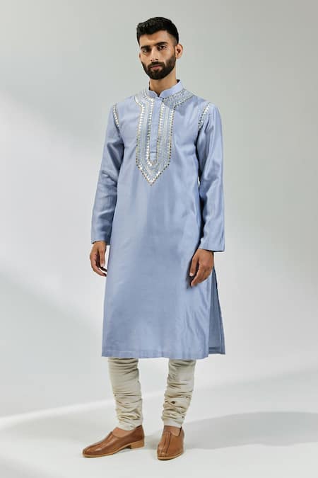 Buy Priyal Prakash Blue Chanderi, Cotton Sequins, Zari Placket Embroidered Kurta Set Online at Aza Fashions Buy_Priyal Prakash_Blue Chanderi, Cotton Sequins, Zari Placket Embroidered Kurta Set _Online_at_Aza_Fashions