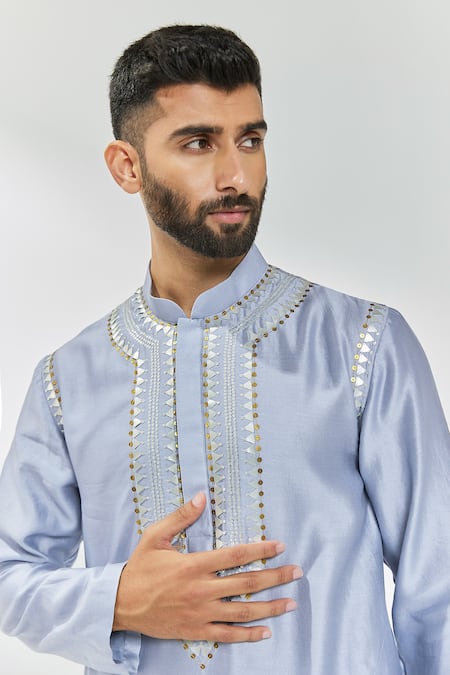 Shop Priyal Prakash Blue Chanderi, Cotton Sequins, Zari Placket Embroidered Kurta Set Online at Aza Fashions Shop_Priyal Prakash_Blue Chanderi, Cotton Sequins, Zari Placket Embroidered Kurta Set _Online_at_Aza_Fashions