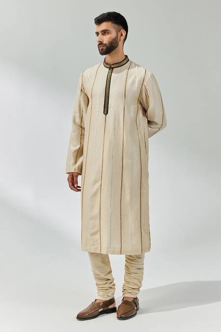 Priyal Prakash_Beige Chanderi, Cotton, Linen Sequins, Zari Placket Embroidered Kurta Set _Online_at_Aza_Fashions