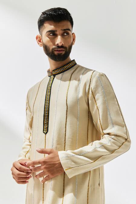 Buy_Priyal Prakash_Beige Chanderi, Cotton, Linen Sequins, Zari Placket Embroidered Kurta Set _Online_at_Aza_Fashions