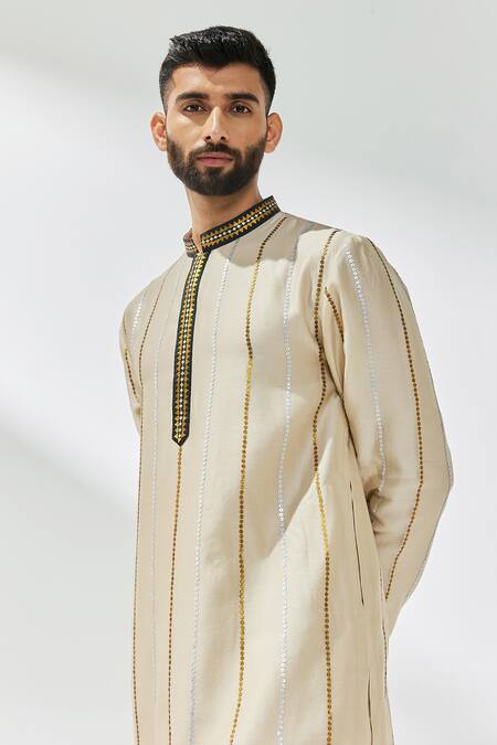 Shop_Priyal Prakash_Beige Chanderi, Cotton, Linen Sequins, Zari Placket Embroidered Kurta Set _Online_at_Aza_Fashions