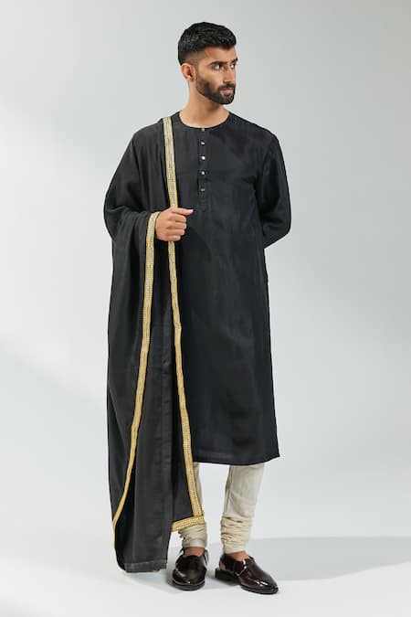Buy Priyal Prakash Black Silk, Cotton Gota Patti, Zari Kurta Set With Border Embroidered Shawl Online at Aza Fashions Buy_Priyal Prakash_Black Silk, Cotton Gota Patti, Zari Kurta Set With Border Embroidered Shawl _Online_at_Aza_Fashions