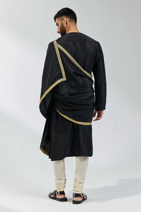 Shop Priyal Prakash Black Silk, Cotton Gota Patti, Zari Kurta Set With Border Embroidered Shawl Online at Aza Fashions Shop_Priyal Prakash_Black Silk, Cotton Gota Patti, Zari Kurta Set With Border Embroidered Shawl _Online_at_Aza_Fashions