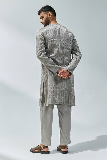 Shop_Priyal Prakash_Grey Chanderi, Cotton Zari Woven Kurta Set _at_Aza_Fashions