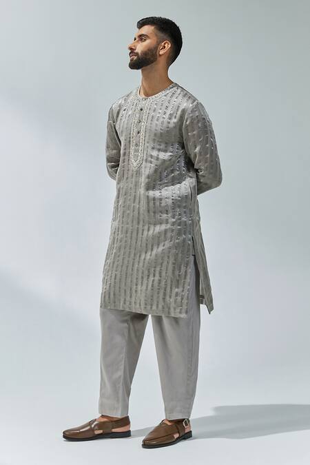 Priyal Prakash_Grey Chanderi, Cotton Zari Woven Kurta Set _Online_at_Aza_Fashions