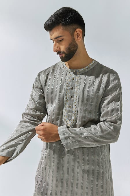 Buy_Priyal Prakash_Grey Chanderi, Cotton Zari Woven Kurta Set _Online_at_Aza_Fashions