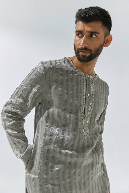Shop_Priyal Prakash_Grey Chanderi, Cotton Zari Woven Kurta Set _Online_at_Aza_Fashions
