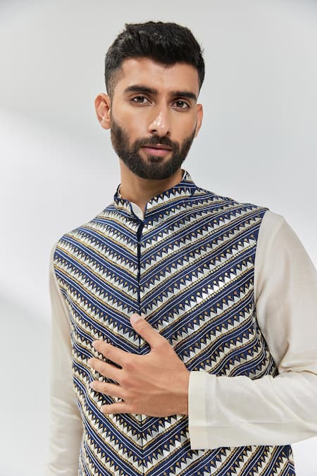 Priyal Prakash Blue Chanderi, Cotton, Silk Sequins, Zari, Embroidered Waistcoat And Kurta Set Online at Aza Fashions Priyal Prakash_Blue Chanderi, Cotton, Silk Sequins, Zari, Embroidered Waistcoat And Kurta Set _Online_at_Aza_Fashions
