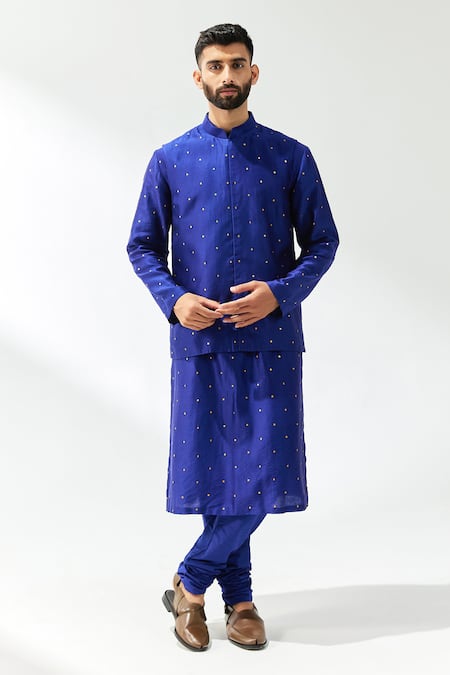 PRIYAL PRAKASH Blue Waistcoat Chanderi Embroidery Sequin And Kurta Set 