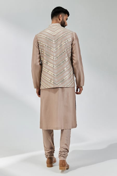 Shop_Priyal Prakash_Beige Chanderi, Cotton, Polyester Sequins, Embroidered Waistcoat And Kurta Set _at_Aza_Fashions