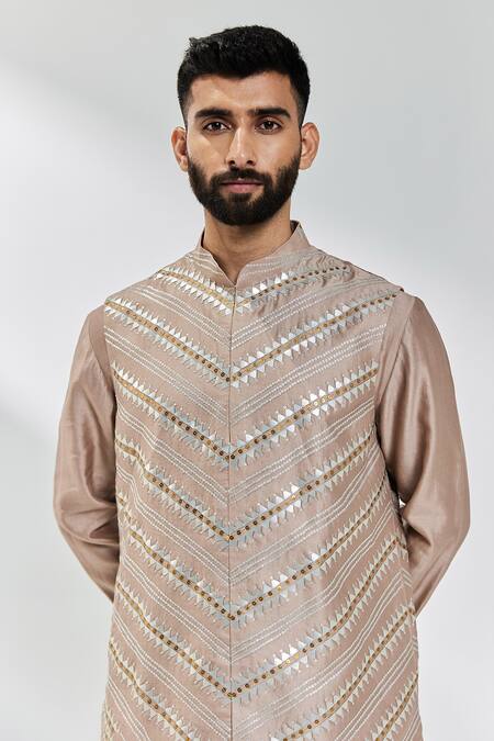 Priyal Prakash_Beige Chanderi, Cotton, Polyester Sequins, Embroidered Waistcoat And Kurta Set _Online_at_Aza_Fashions