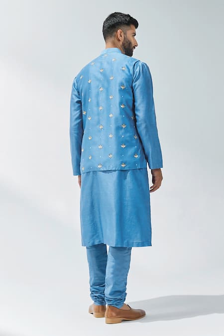 Shop Priyal Prakash Blue Chanderi, Cotton Gota Patti, Floral Embroidered Waistcoat And Kurta Set at Aza Fashions Shop_Priyal Prakash_Blue Chanderi, Cotton Gota Patti, Floral Embroidered Waistcoat And Kurta Set _at_Aza_Fashions