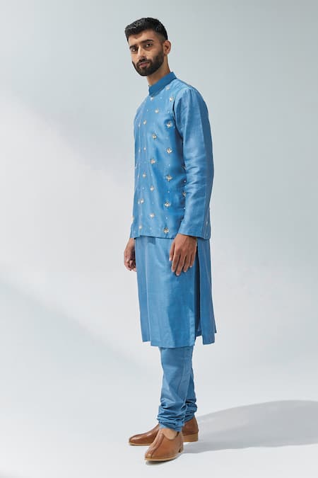 Shop Priyal Prakash Blue Chanderi, Cotton Gota Patti, Floral Embroidered Waistcoat And Kurta Set Online at Aza Fashions Shop_Priyal Prakash_Blue Chanderi, Cotton Gota Patti, Floral Embroidered Waistcoat And Kurta Set _Online_at_Aza_Fashions