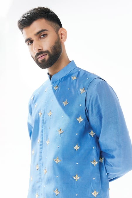 Priyal Prakash Blue Chanderi, Cotton Gota Patti, Floral Embroidered Waistcoat And Kurta Set at Aza Fashions Priyal Prakash_Blue Chanderi, Cotton Gota Patti, Floral Embroidered Waistcoat And Kurta Set _at_Aza_Fashions