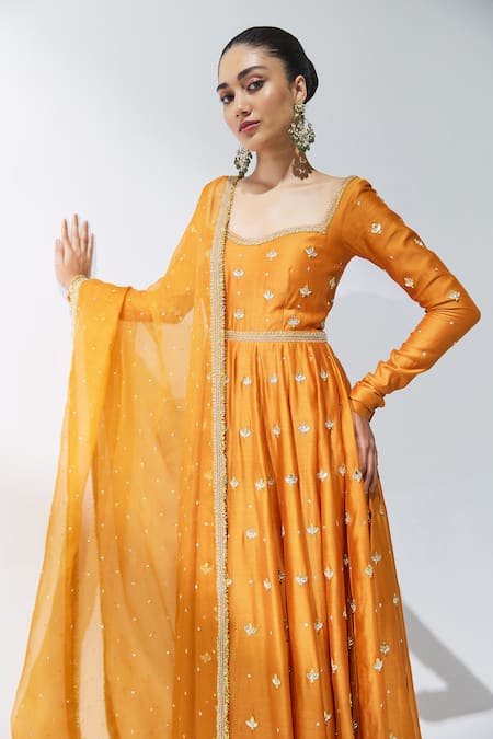 Shop Priyal Prakash Orange Chanderi, Cotton, Silk Organza, Muslin Gota Patti, Zari, Anarkali Set Online at Aza Fashions Shop_Priyal Prakash_Orange Chanderi, Cotton, Silk Organza, Muslin Gota Patti, Zari, Anarkali Set _Online_at_Aza_Fashions