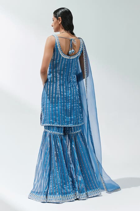 Shop Priyal Prakash Blue Chanderi, Silk Organza Gota Patti, Zari, Stripe Woven Kurta Gharara Set at Aza Fashions Shop_Priyal Prakash_Blue Chanderi, Silk Organza Gota Patti, Zari, Stripe Woven Kurta Gharara Set _at_Aza_Fashions