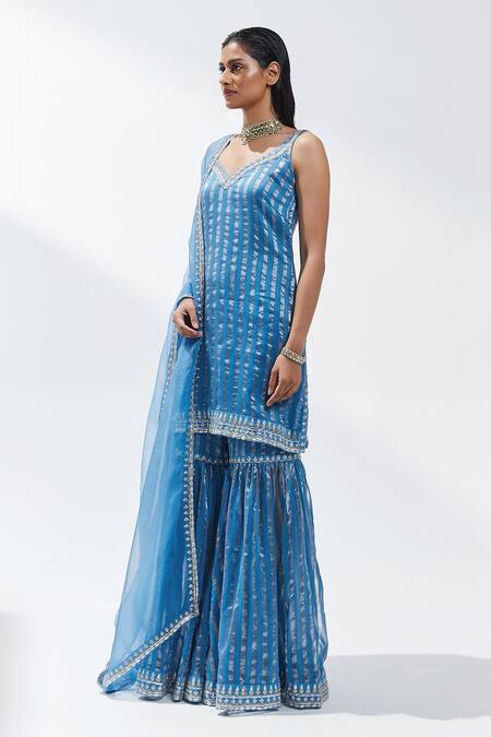 Priyal Prakash Blue Chanderi, Silk Organza Gota Patti, Zari, Stripe Woven Kurta Gharara Set Online at Aza Fashions Priyal Prakash_Blue Chanderi, Silk Organza Gota Patti, Zari, Stripe Woven Kurta Gharara Set _Online_at_Aza_Fashions