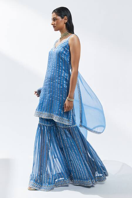 Buy Priyal Prakash Blue Chanderi, Silk Organza Gota Patti, Zari, Stripe Woven Kurta Gharara Set Online at Aza Fashions Buy_Priyal Prakash_Blue Chanderi, Silk Organza Gota Patti, Zari, Stripe Woven Kurta Gharara Set _Online_at_Aza_Fashions