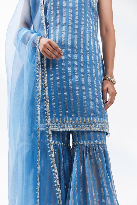 Shop Priyal Prakash Blue Chanderi, Silk Organza Gota Patti, Zari, Stripe Woven Kurta Gharara Set Online at Aza Fashions Shop_Priyal Prakash_Blue Chanderi, Silk Organza Gota Patti, Zari, Stripe Woven Kurta Gharara Set _Online_at_Aza_Fashions
