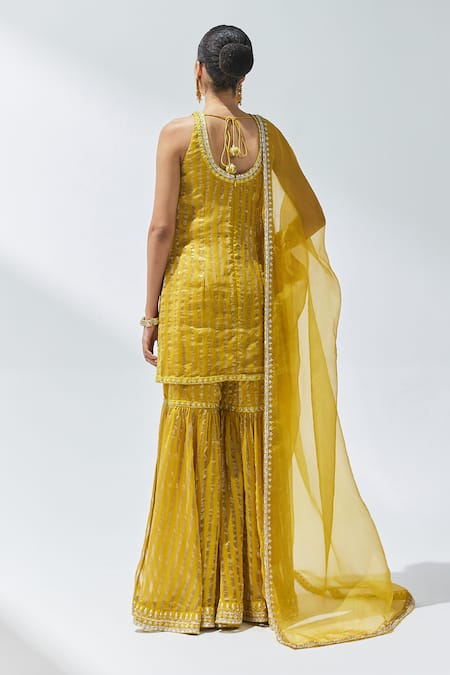 Shop Priyal Prakash Yellow Chanderi, Silk Organza Gota Patti, Zari, Linear Woven Kurta Gharara Set at Aza Fashions Shop_Priyal Prakash_Yellow Chanderi, Silk Organza Gota Patti, Zari, Linear Woven Kurta Gharara Set _at_Aza_Fashions