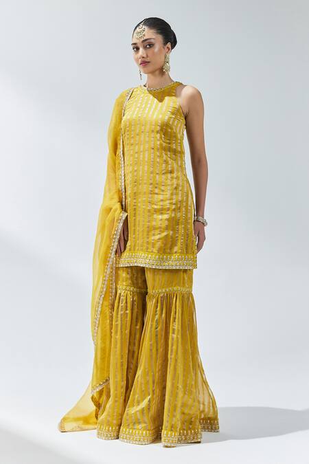 Priyal Prakash Yellow Chanderi, Silk Organza Gota Patti, Zari, Linear Woven Kurta Gharara Set Online at Aza Fashions Priyal Prakash_Yellow Chanderi, Silk Organza Gota Patti, Zari, Linear Woven Kurta Gharara Set _Online_at_Aza_Fashions