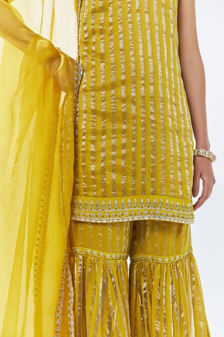 Buy Priyal Prakash Yellow Chanderi, Silk Organza Gota Patti, Zari, Linear Woven Kurta Gharara Set Online at Aza Fashions Buy_Priyal Prakash_Yellow Chanderi, Silk Organza Gota Patti, Zari, Linear Woven Kurta Gharara Set _Online_at_Aza_Fashions