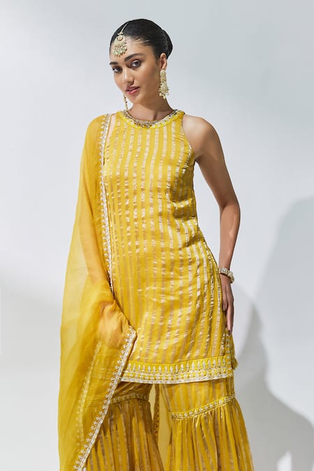 Shop Priyal Prakash Yellow Chanderi, Silk Organza Gota Patti, Zari, Linear Woven Kurta Gharara Set Online at Aza Fashions Shop_Priyal Prakash_Yellow Chanderi, Silk Organza Gota Patti, Zari, Linear Woven Kurta Gharara Set _Online_at_Aza_Fashions