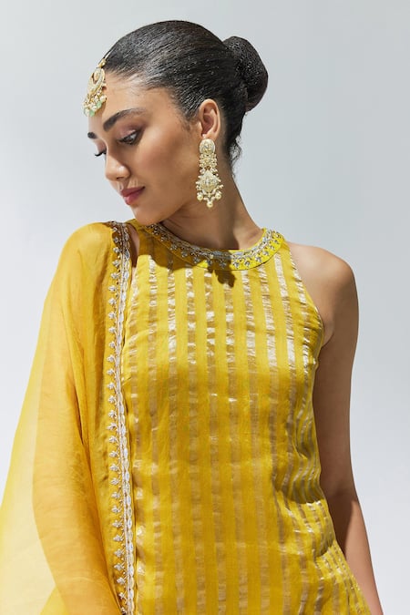 Priyal Prakash Yellow Chanderi, Silk Organza Gota Patti, Zari, Linear Woven Kurta Gharara Set at Aza Fashions Priyal Prakash_Yellow Chanderi, Silk Organza Gota Patti, Zari, Linear Woven Kurta Gharara Set _at_Aza_Fashions