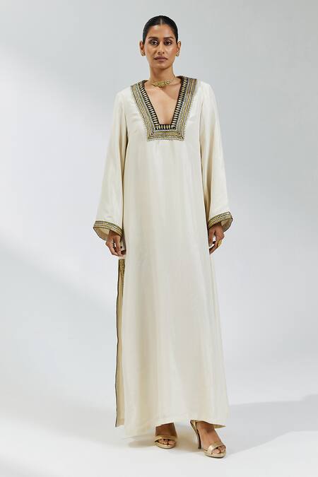 Priyal Prakash Ivory Silk Sequins, Gota Patti V-neck Lace Placket Embroidered Kaftan Online at Aza Fashions Priyal Prakash_Ivory Silk Sequins, Gota Patti V-neck Lace Placket Embroidered Kaftan _Online_at_Aza_Fashions