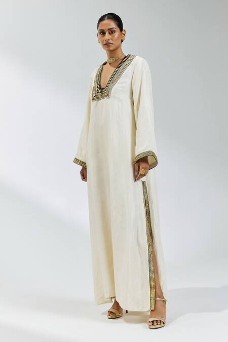 Buy Priyal Prakash Ivory Silk Sequins, Gota Patti V-neck Lace Placket Embroidered Kaftan Online at Aza Fashions Buy_Priyal Prakash_Ivory Silk Sequins, Gota Patti V-neck Lace Placket Embroidered Kaftan _Online_at_Aza_Fashions
