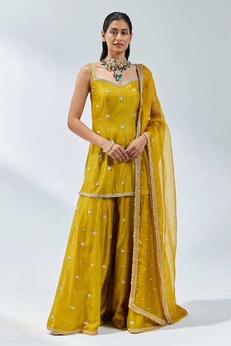 PRIYAL PRAKASH Yellow Kurta And Sharara Chanderi Embroidery Gota Patti Sweetheart Neck Set 