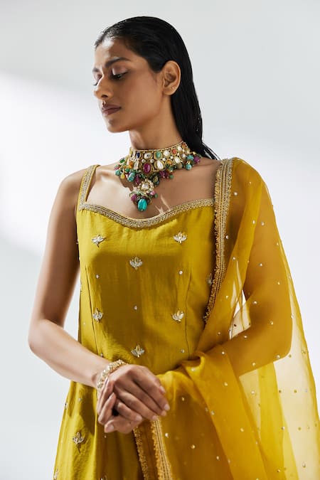 Shop Priyal Prakash Yellow Chanderi, Silk Organza Gota Patti, Zari Sweetheart Embroidered Kurta Set Online at Aza Fashions Shop_Priyal Prakash_Yellow Chanderi, Silk Organza Gota Patti, Zari Sweetheart Embroidered Kurta Set _Online_at_Aza_Fashions