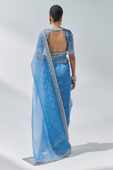 Shop Priyal Prakash Blue Silk Organza, Chanderi, Polyester Gota Patti Border Saree With Blouse at Aza Fashions Shop_Priyal Prakash_Blue Silk Organza, Chanderi, Polyester Gota Patti Border Saree With Blouse _at_Aza_Fashions