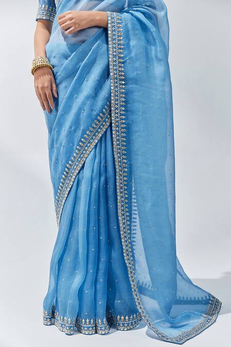 Priyal Prakash Blue Silk Organza, Chanderi, Polyester Gota Patti Border Saree With Blouse Online at Aza Fashions Priyal Prakash_Blue Silk Organza, Chanderi, Polyester Gota Patti Border Saree With Blouse _Online_at_Aza_Fashions